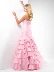 Pleated Pink Bodice Ruffles  Evening Gown 