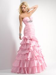 Pleated Pink Bodice Ruffles  Evening Gown 