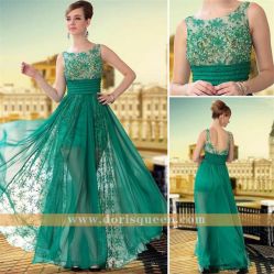 Transparent Embroidery Tulle Green Formal Dresses